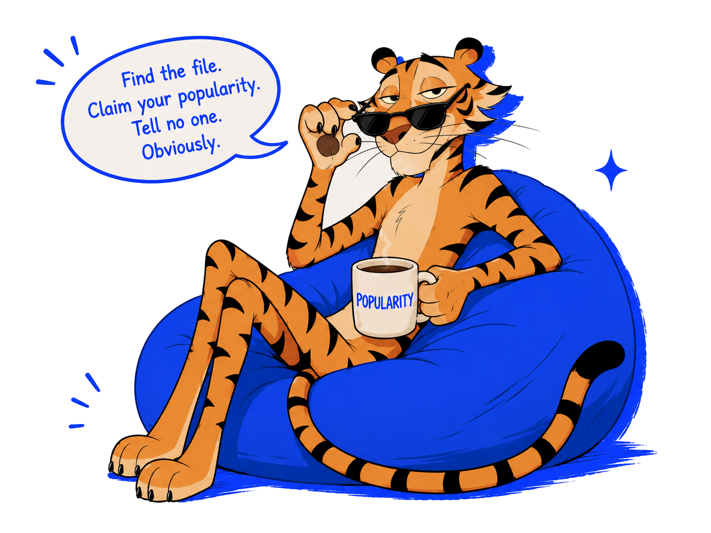 Paper Tiger in a blue beanbag chair holding a Popularity mug